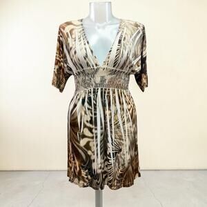 Voll Boho Abstract Print Smocked Mini Dress Tunic - One Size